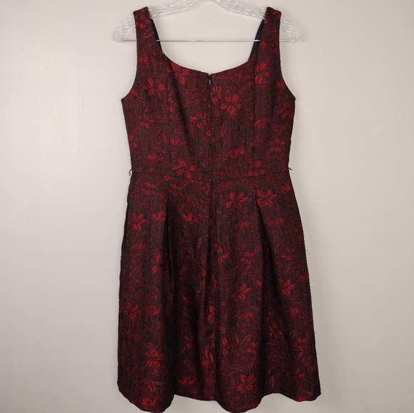 KASPER Dress Red/Black Floral Brocade Fit & Flare Box Pleated Dress Sz. 12 - Picture 8 of 15